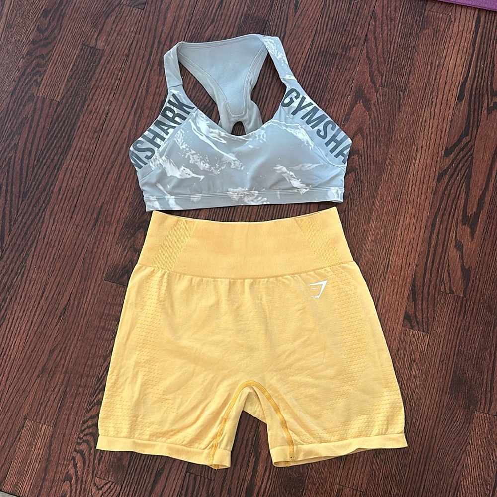 Gym Shark yellow shorts and sports bra